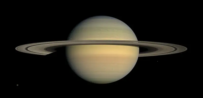 Saturn and its rings, lit edge-on at equinox