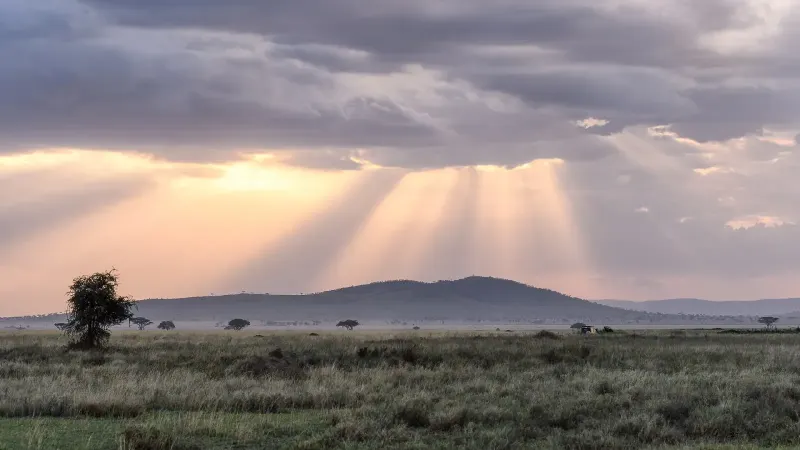 Early light breaking through cloud over the open plains in front of the Plains Tents