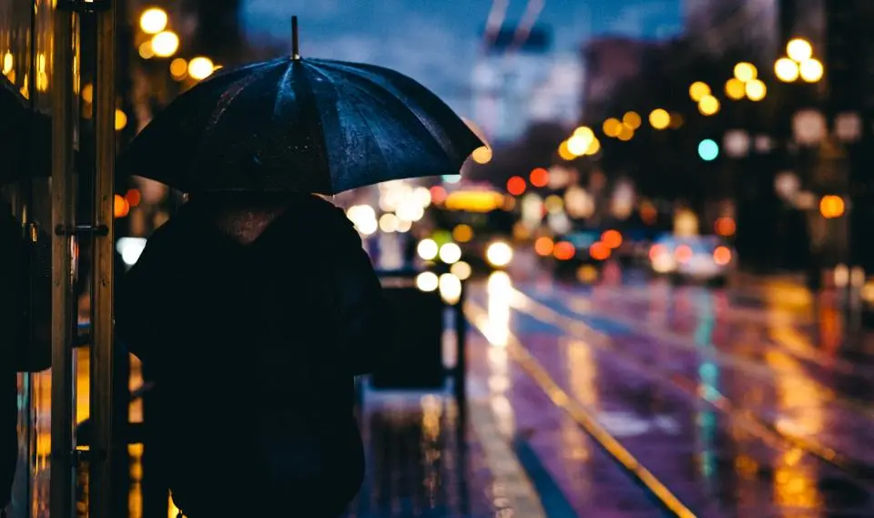 A figure under an umbrella on a rain-soaked city street at night