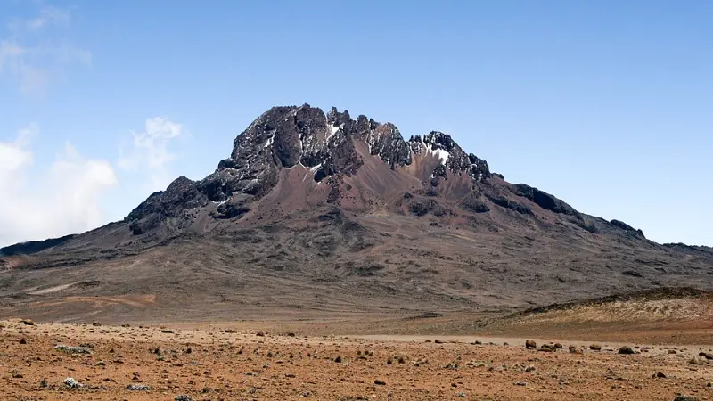 The jagged peak of Mawenzi above the alpine desert on the northern side of Kilimanjaro